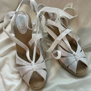 Loft white canvas ankle strap tie wedges